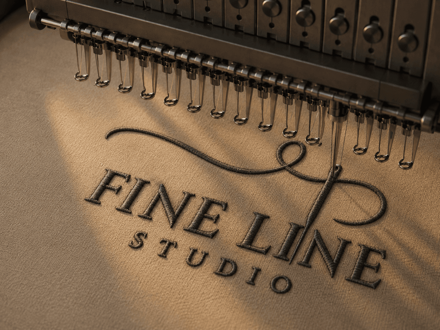 Fine Line embroidery taking shape beneath a multi-needle embroidery machine
